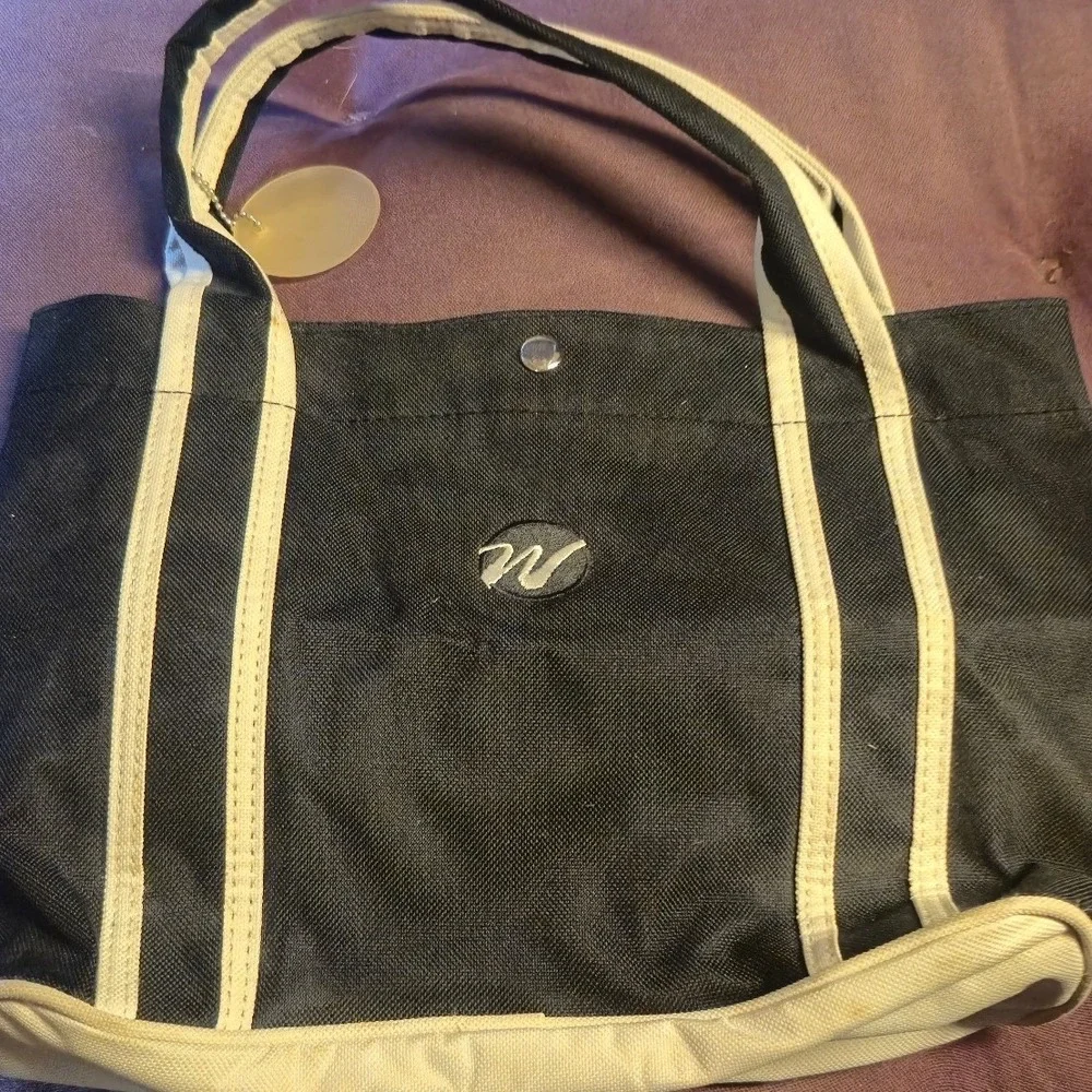 Vintage W Logo Canvas Tote‎ Bag Black Cream Snap Closure Small Handbag